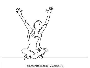 continuous line drawing of happy woman sitting in lotus pose waving