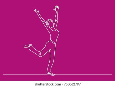 continuous line drawing of happy woman raising hands