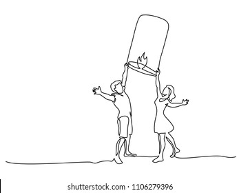 Continuous line drawing. Happy young couple launching sky paper lantern on beach. Concept for logo, card, banner, poster, flyer
