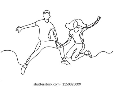 continuous line drawing of happy young couple jumping