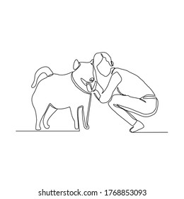 Continuous line drawing of happy young woman playing with dog pet. Vector illustration