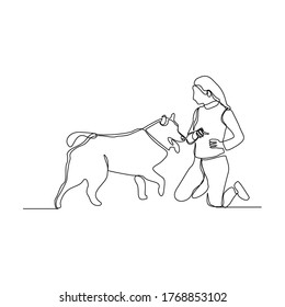 Continuous line drawing of happy young woman playing with dog pet. Vector illustration