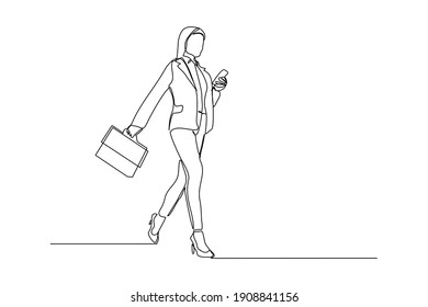 Continuous line drawing of happy young business woman holding briefcase. Single one line art of office worker. Vector illustration