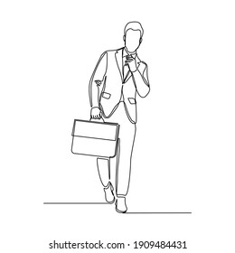 Continuous line drawing of happy young business man holding briefcase. Single one line art of office worker. Vector illustration