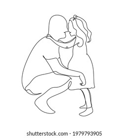 Continuous line drawing. Happy young father hugs his little daughter. Vector illustration