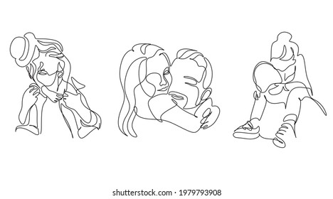 Continuous line drawing. Happy young father hugs his little daughter. Vector illustration