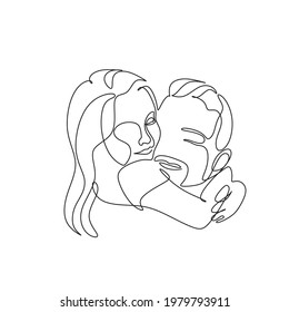 Continuous line drawing  Happy young father hugs his little daughter  Vector illustration