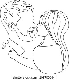 Continuous line drawing. Happy young father hugs his little daughter. Vector illustration