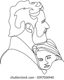 Continuous line drawing. Happy young father hugs his little daughter. Vector illustration