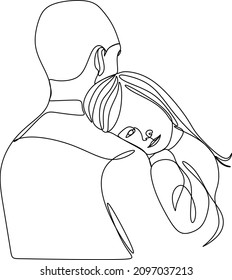 Continuous line drawing. Happy young father hugs his little daughter. Vector illustration