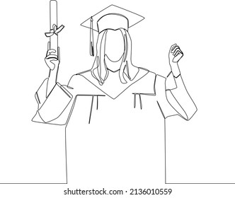 Continuous line drawing of Happy young student girl graduating from her university. Concept congratulation vector illustration