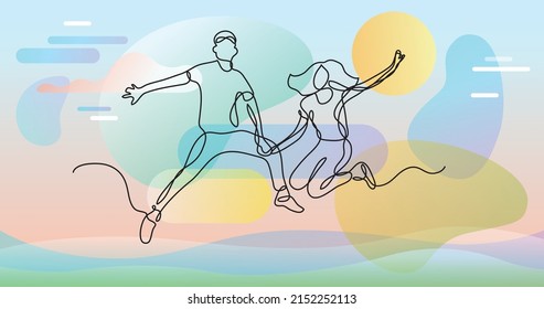 continuous line drawing of happy young couple jumping