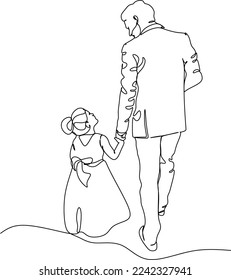 Continuous line drawing. Happy young father hugging his little daughter. Vector illustration