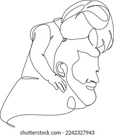 Continuous line drawing. Happy young father hugging his little daughter. Vector illustration