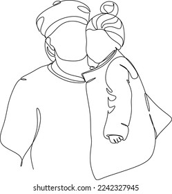 Continuous line drawing. Happy young father hugging his little daughter. Vector illustration