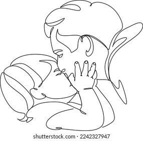 Continuous line drawing. Happy young father hugging his little daughter. Vector illustration