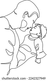 Continuous line drawing. Happy young father hugging his little daughter. Vector illustration