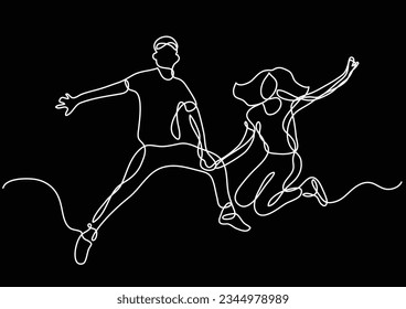dibujo de línea continua de feliz pareja joven saltando