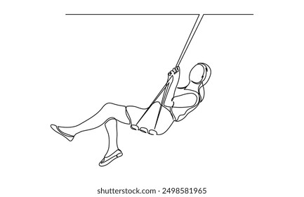 Continuous line drawing of a happy young woman swinging on a swing.single-line carefree girl riding on a swing concept of happy life, joy.
