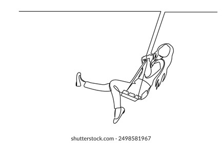 Dibujo de línea continua de una mujer joven feliz que se balancea en un swing. Chica despreocupada de una sola línea que se monta en un concepto de swing de vida feliz, alegría.
