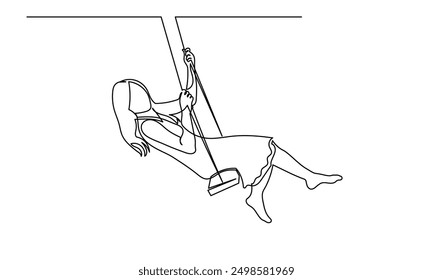 Dibujo de línea continua de una mujer joven feliz que se balancea en un swing. Chica despreocupada de una sola línea que se monta en un concepto de swing de vida feliz, alegría.
