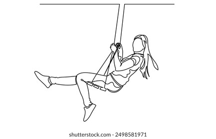 Continuous line drawing of a happy young woman swinging on a swing.single-line carefree girl riding on a swing concept of happy life, joy.
