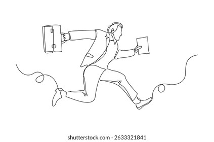 Desenho de linha contínua de homem de negócios jovem feliz segurando pasta. Traço editável do esboço de uma linha única do trabalhador do escritório. Ilustração vetorial