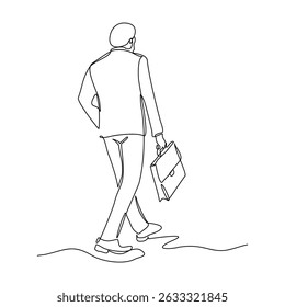 Continuous line drawing of happy young business man holding briefcase. Single one line sketch art editable stroke of office worker. Vector illustration