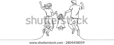 continuous line drawing of a happy young family with one child joyfully jumping together in the air holding hands, concept of freedom, happiness and togetherness, line art vector illustration