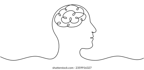 Continuous line drawing head with brain. Thinking linear symbol. Mental health concept. Vector illustration isolated on white.