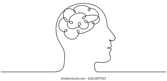 Continuous line drawing head with brain. Thinking linear symbol. Mental health concept. Vector illustration isolated on white.