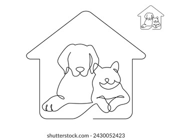 Continuous line drawing head of  cat and dog sitting together in the house. Single linear decorative logo, Pet shop or veterinarian design. Editable stroke vector illustration.