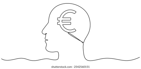Cabeça de desenho de linha contínua com sinal de euro no interior. Ganhar dinheiro conceito mente. Ilustração vetorial isolada em branco.