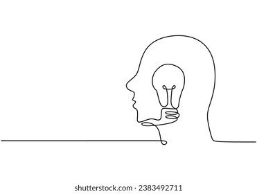 Durchlaufende Linienzeichnung des Kopfes mit Glühbirne. Metapher für kreatives Denken. Vektorgrafik einzeln. Minimalistisches Design handgezeichnet.