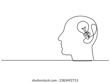 Continuous line drawing of head with light bulb. Creative thinking metaphor. Vector illustration isolated. Minimalist design handdrawn.