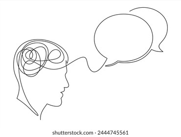 Continuous line drawing of head of a man with speech bubble is drawn by a single black line on a white background. Continuous line drawing. Vector illustration.