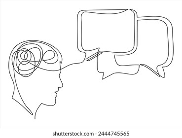 Continuous line drawing of head of a man with speech bubble is drawn by a single black line on a white background. Continuous line drawing. Vector illustration.