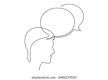 Continuous line drawing of head of a man with speech bubble is drawn by a single black line on a white background. Continuous line drawing. Vector illustration.