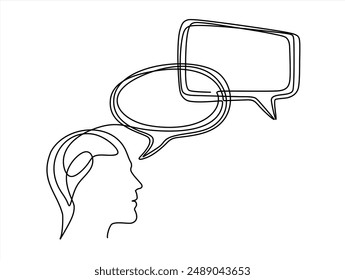 Continuous line drawing of head of a man with speech bubble is drawn by a single black line on a white background. Continuous line drawing. Vector illustration.