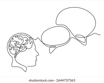 Continuous line drawing of head of a man with speech bubble is drawn by a single black line on a white background. Hand drawn one line vector. Editable stroke	