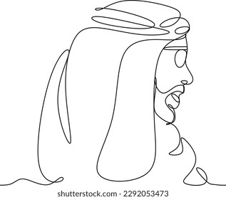 Continuous line drawing of a head portrait of an oriental Arab man in the national Gutra headdress. Black lines on a white background.