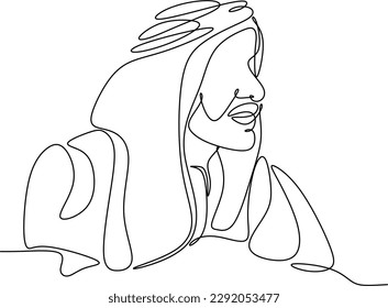 Continuous line drawing of a head portrait of an oriental Arab man in the national Gutra headdress. Black lines on a white background.