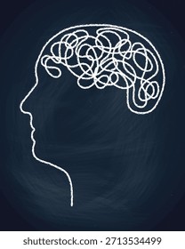 Dibujo de línea continua de la silueta de la cabeza con garabatos caóticos en el interior. Concepto de psicología y psicoterapia que muestra ansiedad, TDAH y pensamientos confusos que buscan Asistencia.