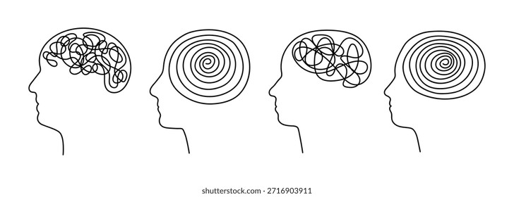 Dibujo de línea continua de la silueta de la cabeza con garabatos caóticos en el interior. Concepto de psicología y psicoterapia que muestra ansiedad, TDAH y pensamientos confusos que buscan Asistencia.