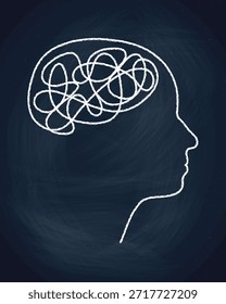 Continuous line drawing of head silhouette with chaotic scribbles inside. Psychology and psychotherapy concept showing anxiety, ADHD, and confused thoughts seeking support.
