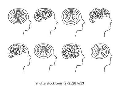 Dibujo de línea continua de la silueta de la cabeza con garabatos caóticos en el interior. Concepto de psicología y psicoterapia que muestra ansiedad, TDAH y pensamientos confusos que buscan Asistencia.