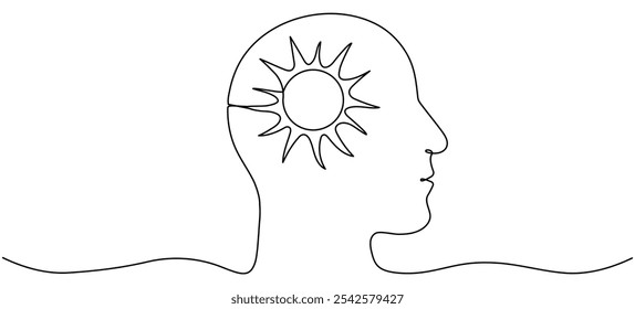 Continuous line drawing head with sun. Positive thinking concept. Vector illustration isolated on white.