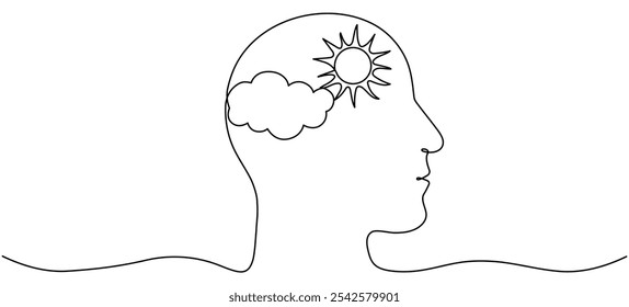 Continuous line drawing head with sun and cloud. Mental health balance. Positive thinking concept. Vector illustration isolated on white.