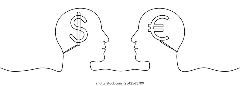 Cabeças de desenho de linha contínua com sinal de euro e dólar dentro. Conceito de troca monetária. Ilustração vetorial isolada em branco.