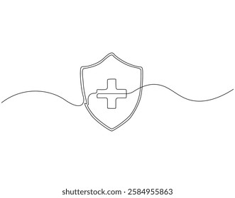 Continuous line drawing of health shield. Single line illustration of medical shield. Protection health care concept. Editable outline